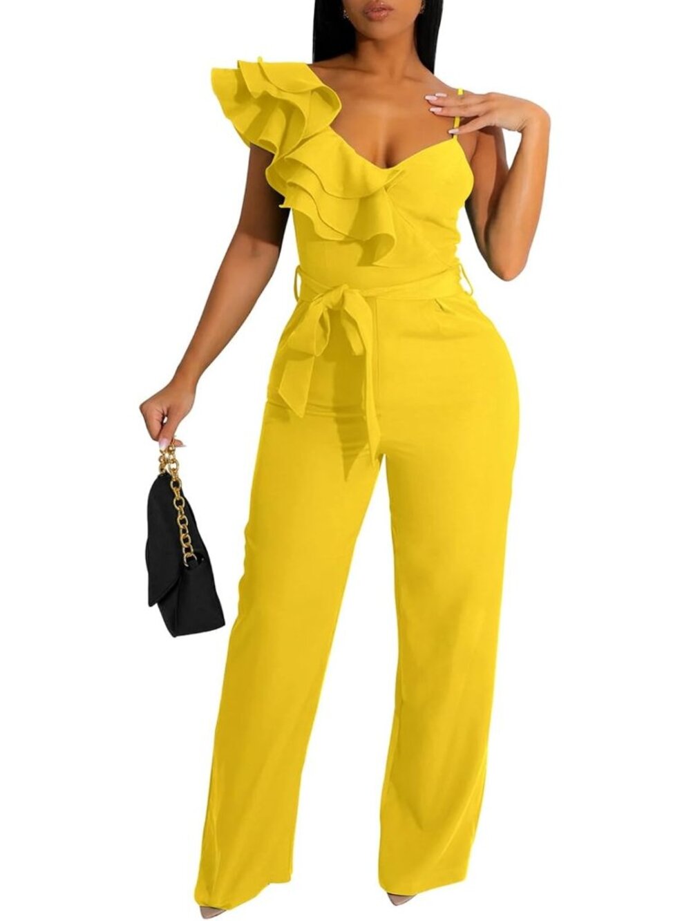 👗 Women's Yellow Ruffle One Shoulder Wide Leg Belted Romper Casual Jumpsuits
